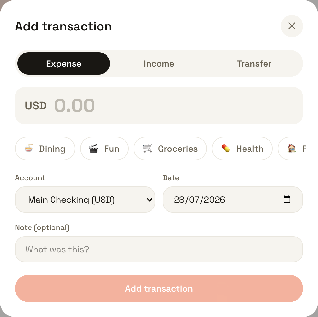 Quick-add modal with amount, category chips, and account picker
