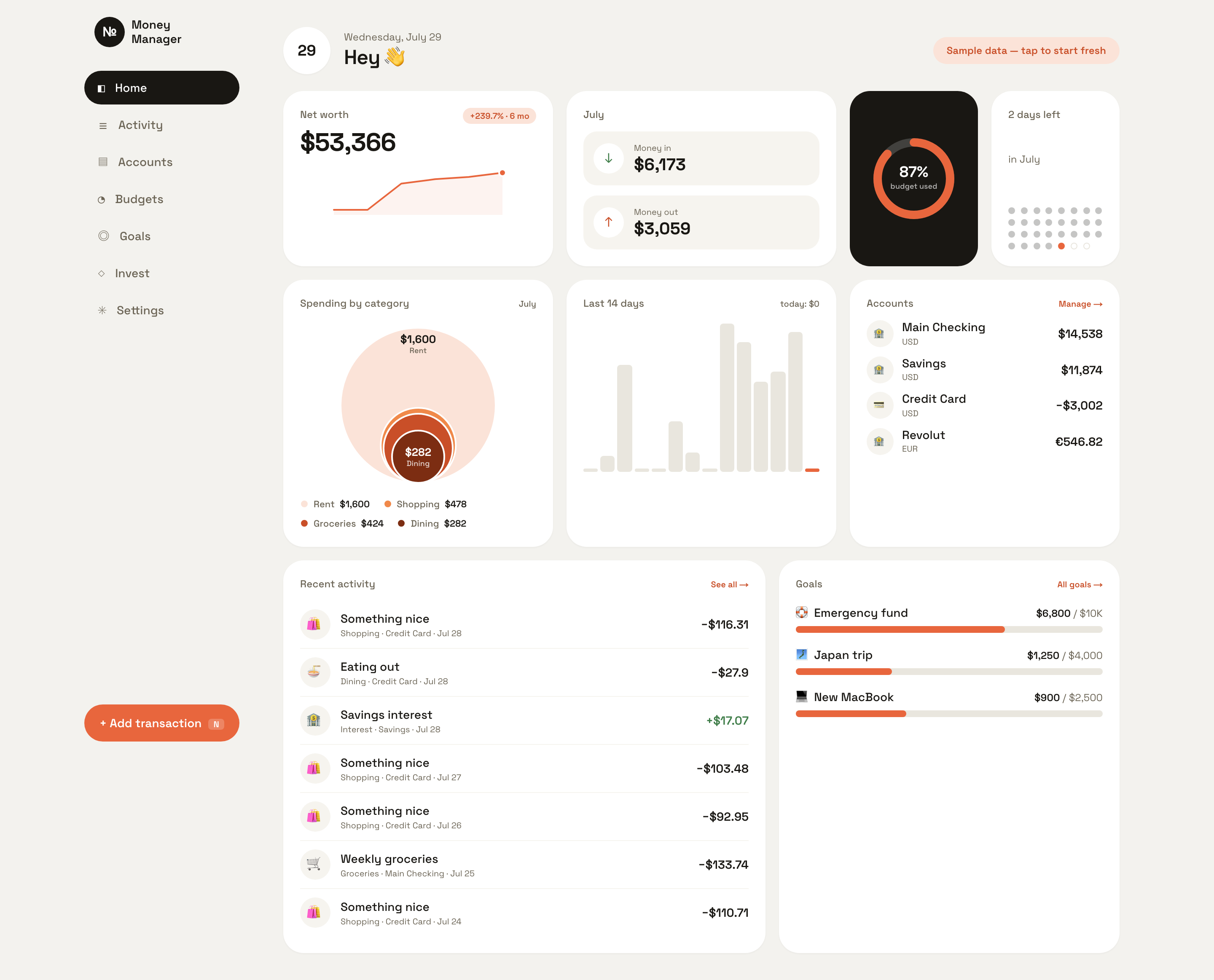 WealthPlanned dashboard with net worth, budgets, and charts